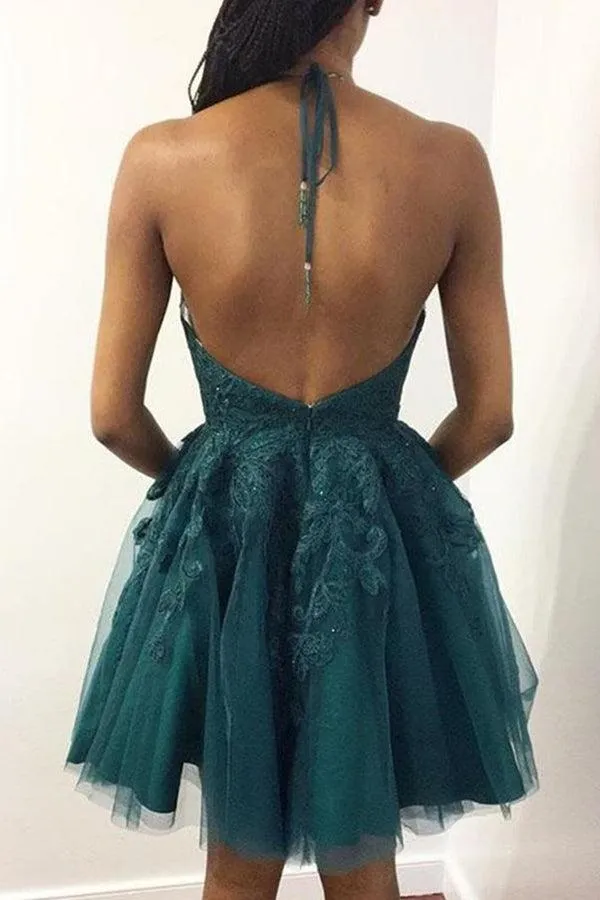 Halter Neck Short Emerald Green Lace Prom Dresses Homecoming Dresses PD448