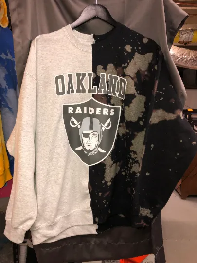 Handmade Las Vegas/Oakland Raiders Bleached Black Ash Grey Half and Half Crew Neck Sweatshirt