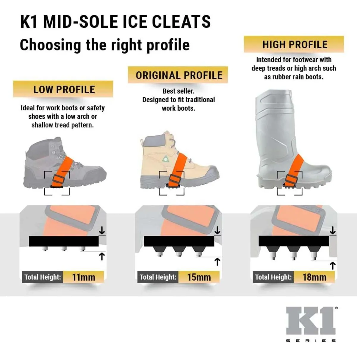 K1 Ice Cleats Original Mid-Sole Ice Cleats High-Profile Intrinsic - Hi-Vis