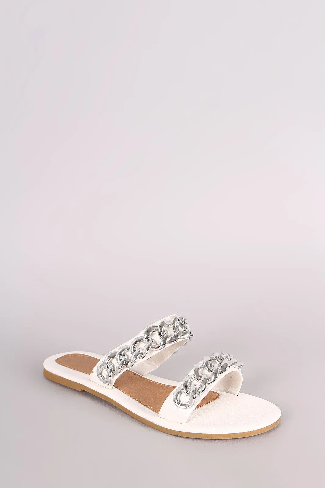 Leather Double Band Chain Embellished Slip-On Flat Sandal