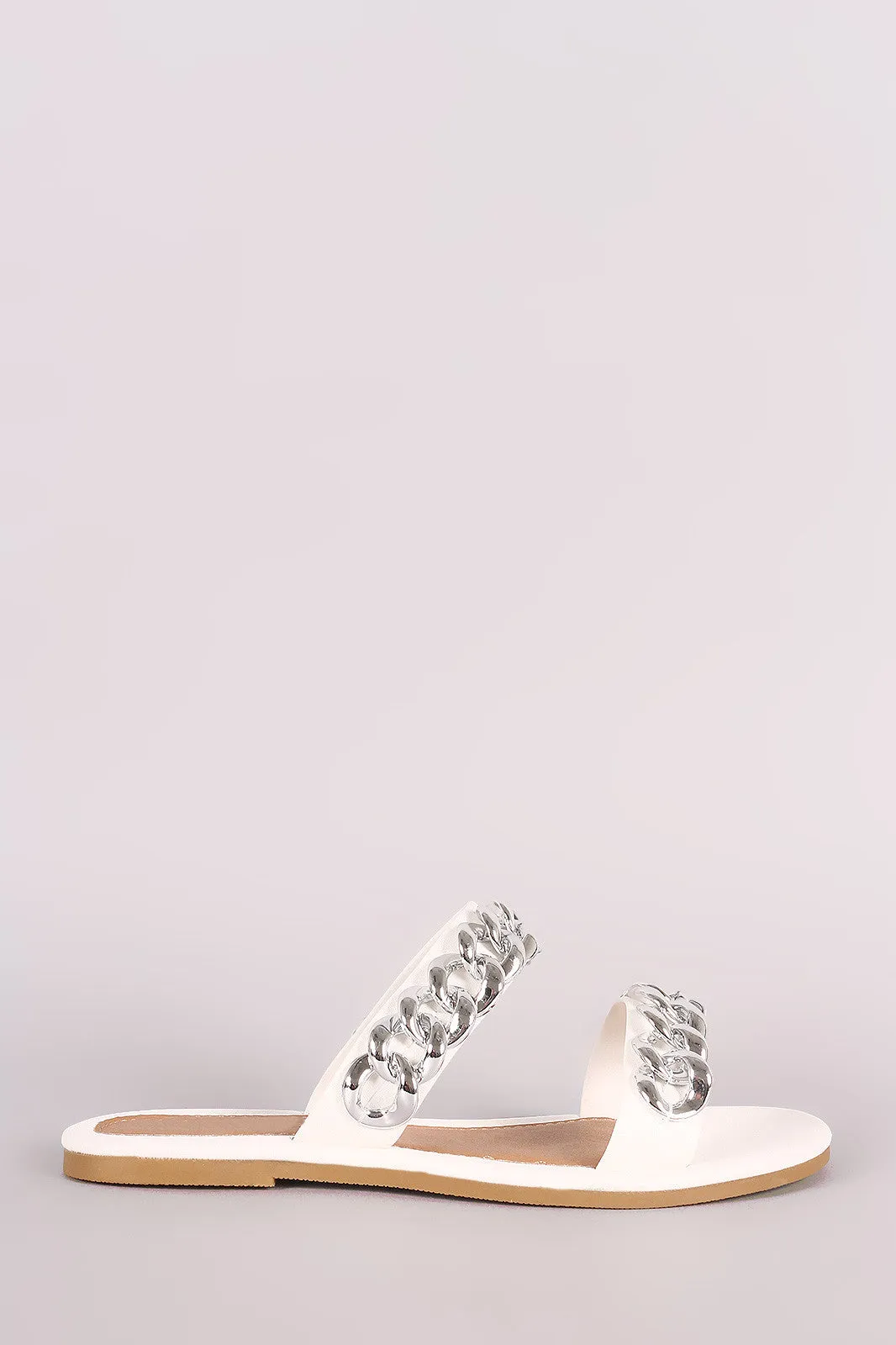 Leather Double Band Chain Embellished Slip-On Flat Sandal