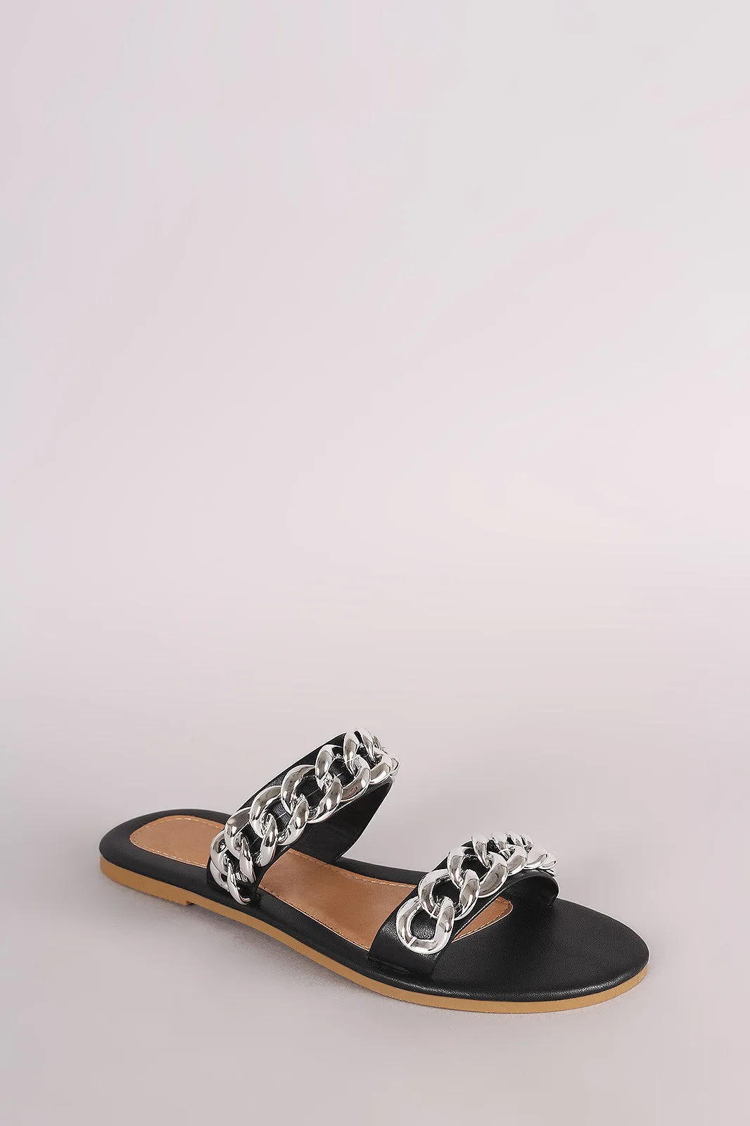 Leather Double Band Chain Embellished Slip-On Flat Sandal