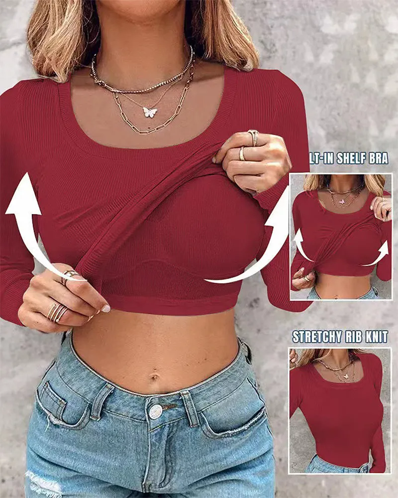 Long Sleeve Ribbed Fitted Top with Built-In Bra