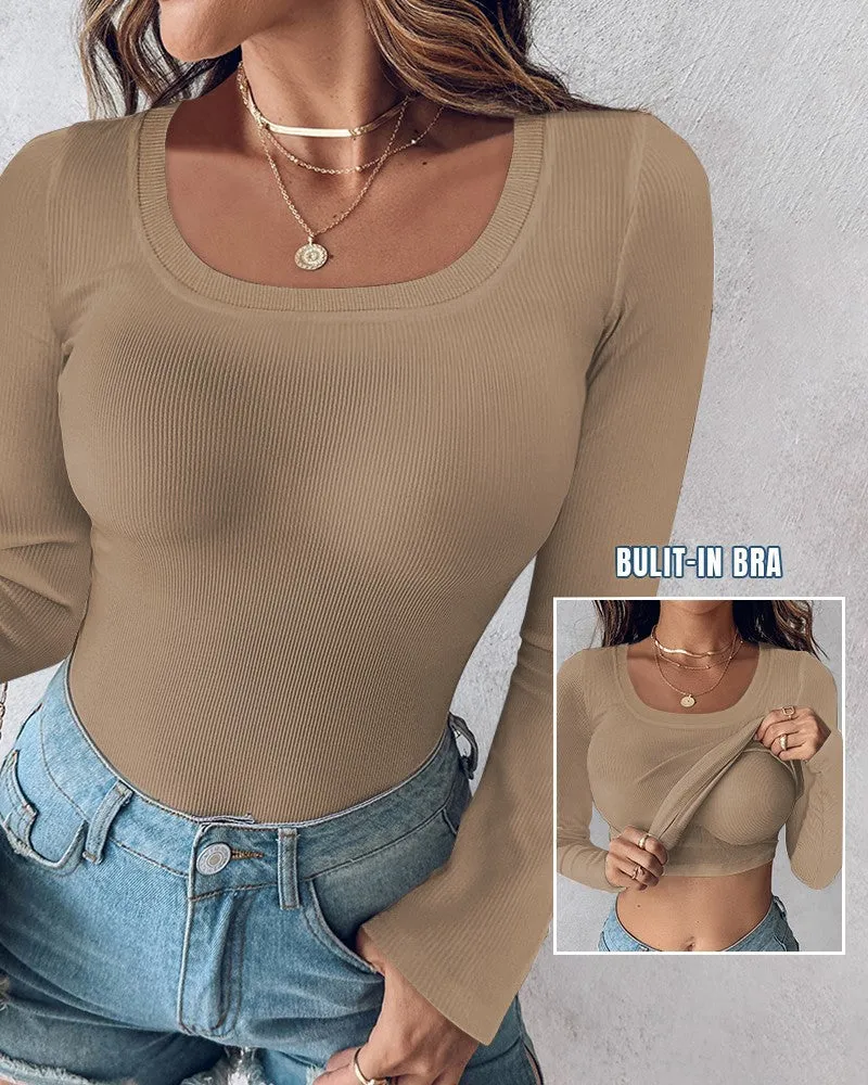 Long Sleeve Ribbed Fitted Top with Built-In Bra