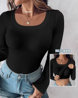 Long Sleeve Ribbed Fitted Top with Built-In Bra