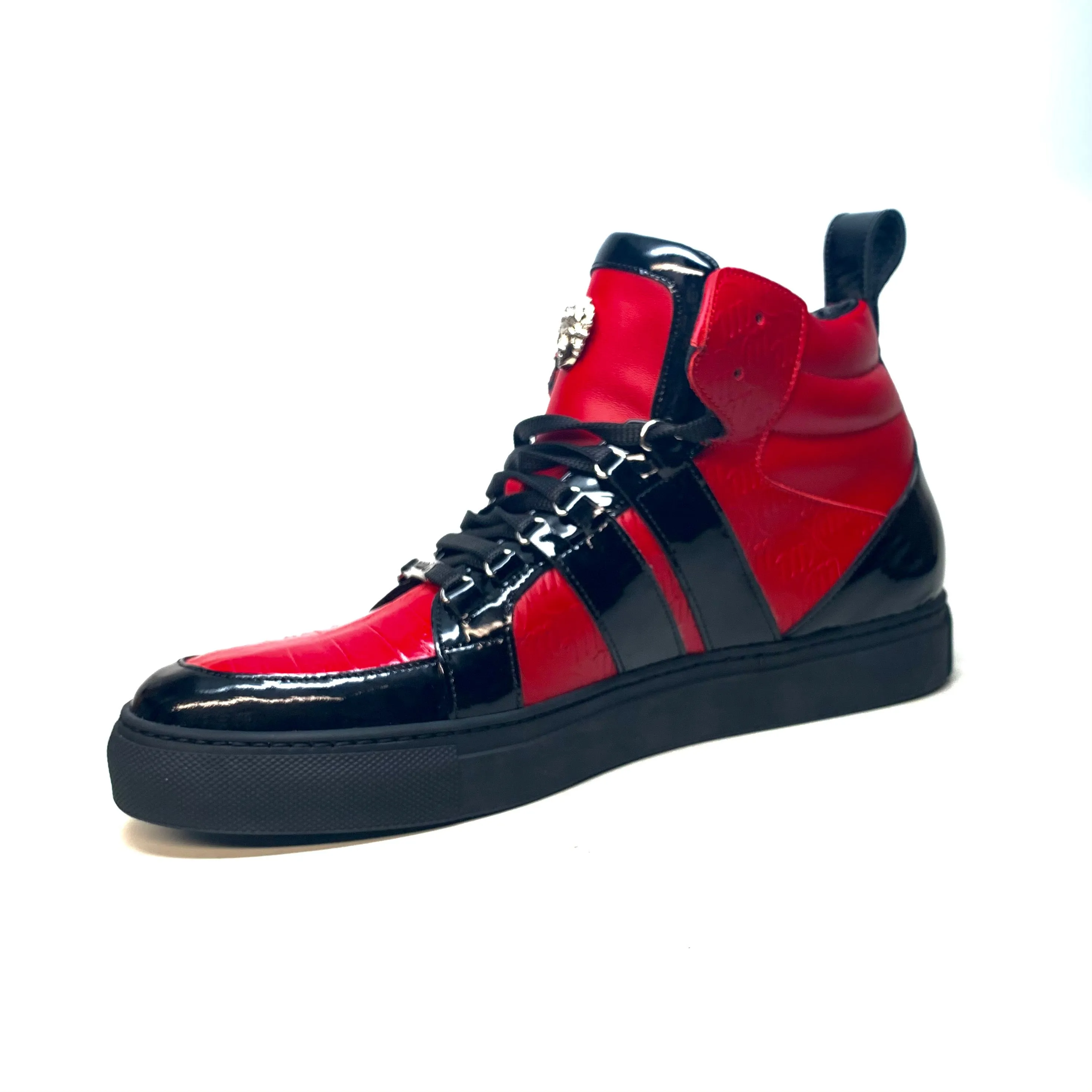 Mauri "8410" Red Black Alligator/Patent Leather High-Top Sneakers