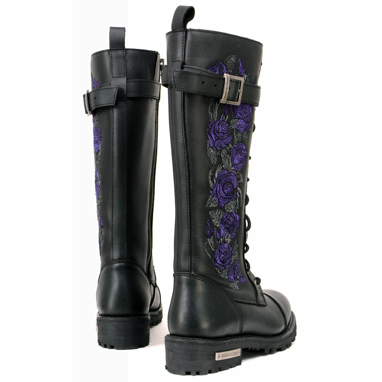 MBL9357 Women's Black 14” Tall Motorcycle Boots Lace-Up High-Rise Purple Embroidered Leather Shoe