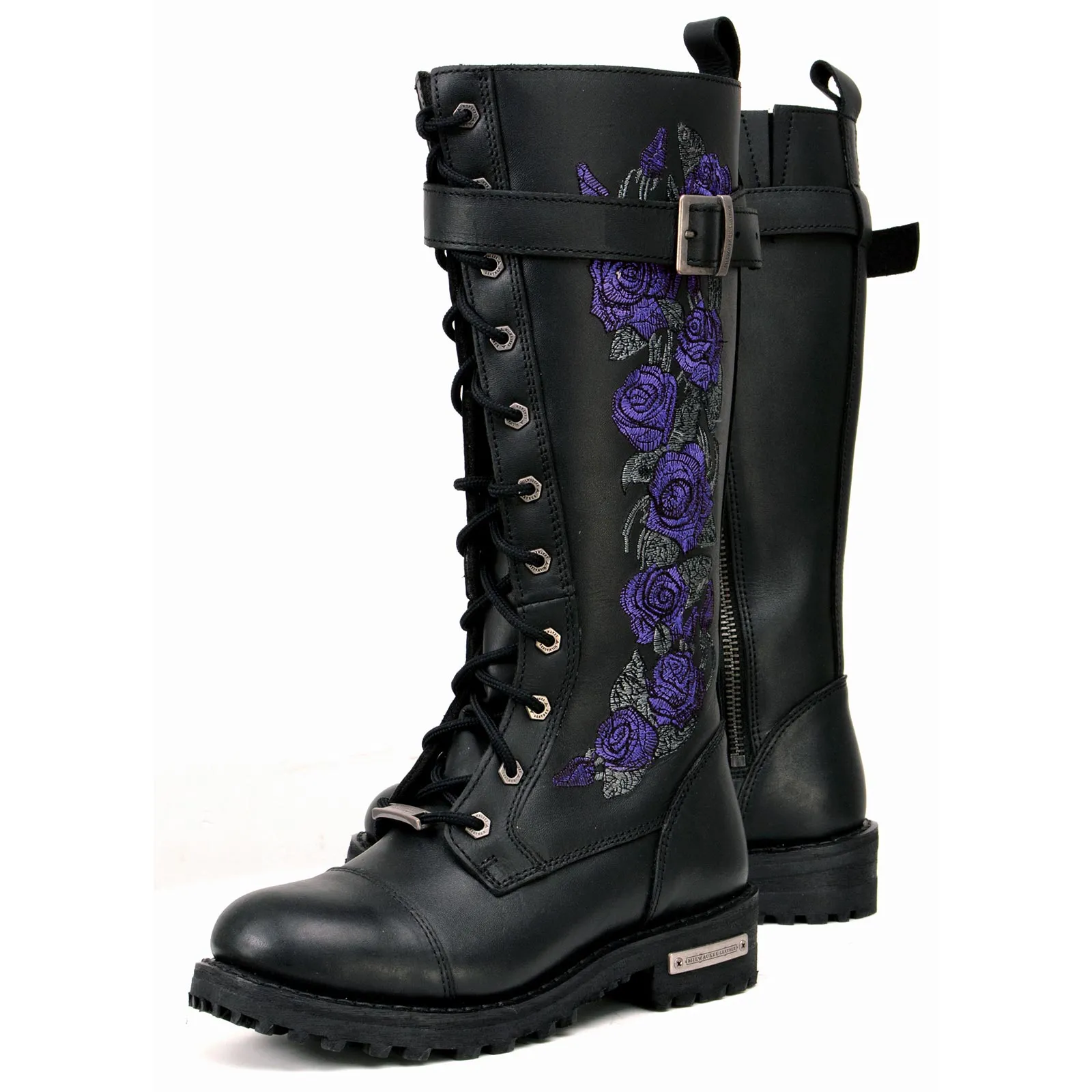 MBL9357 Women's Black 14” Tall Motorcycle Boots Lace-Up High-Rise Purple Embroidered Leather Shoe