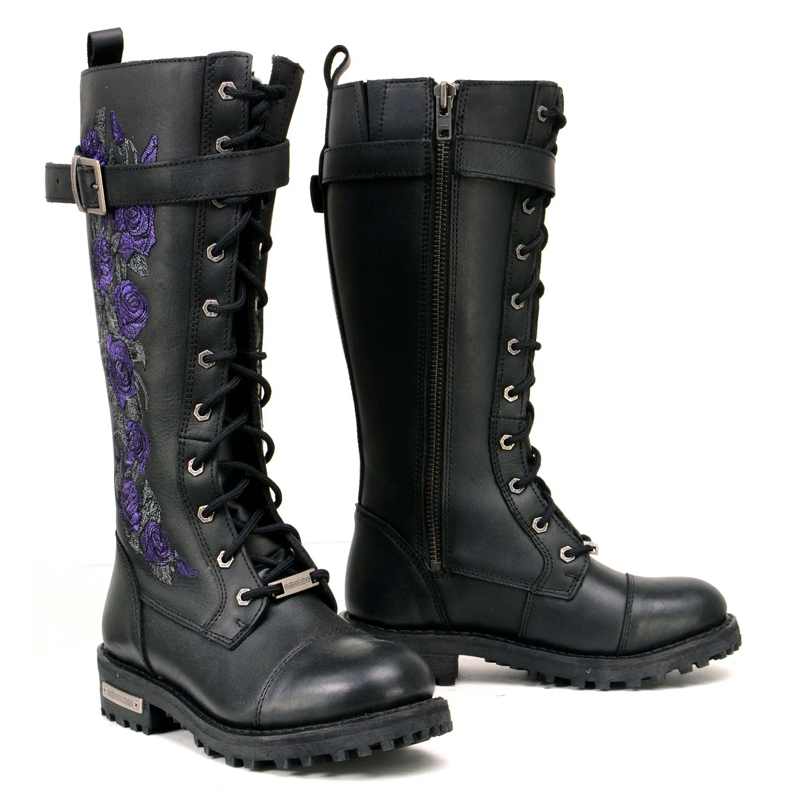 MBL9357 Women's Black 14” Tall Motorcycle Boots Lace-Up High-Rise Purple Embroidered Leather Shoe