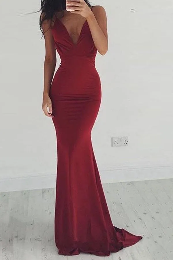 Mermaid Deep V-Neck Backless Burgundy Satin Prom Dress  PG437