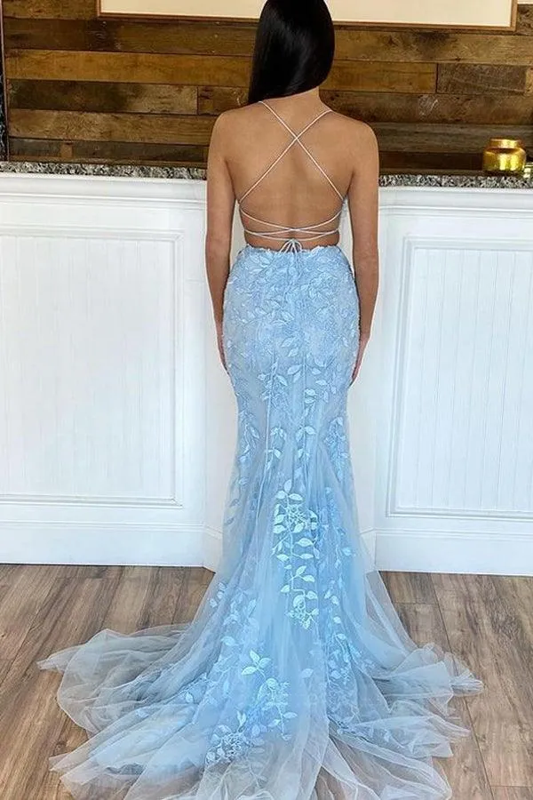 Mermaid Two Piece  Scoop Neck Light Blue Lace Prom Dresses PSK274