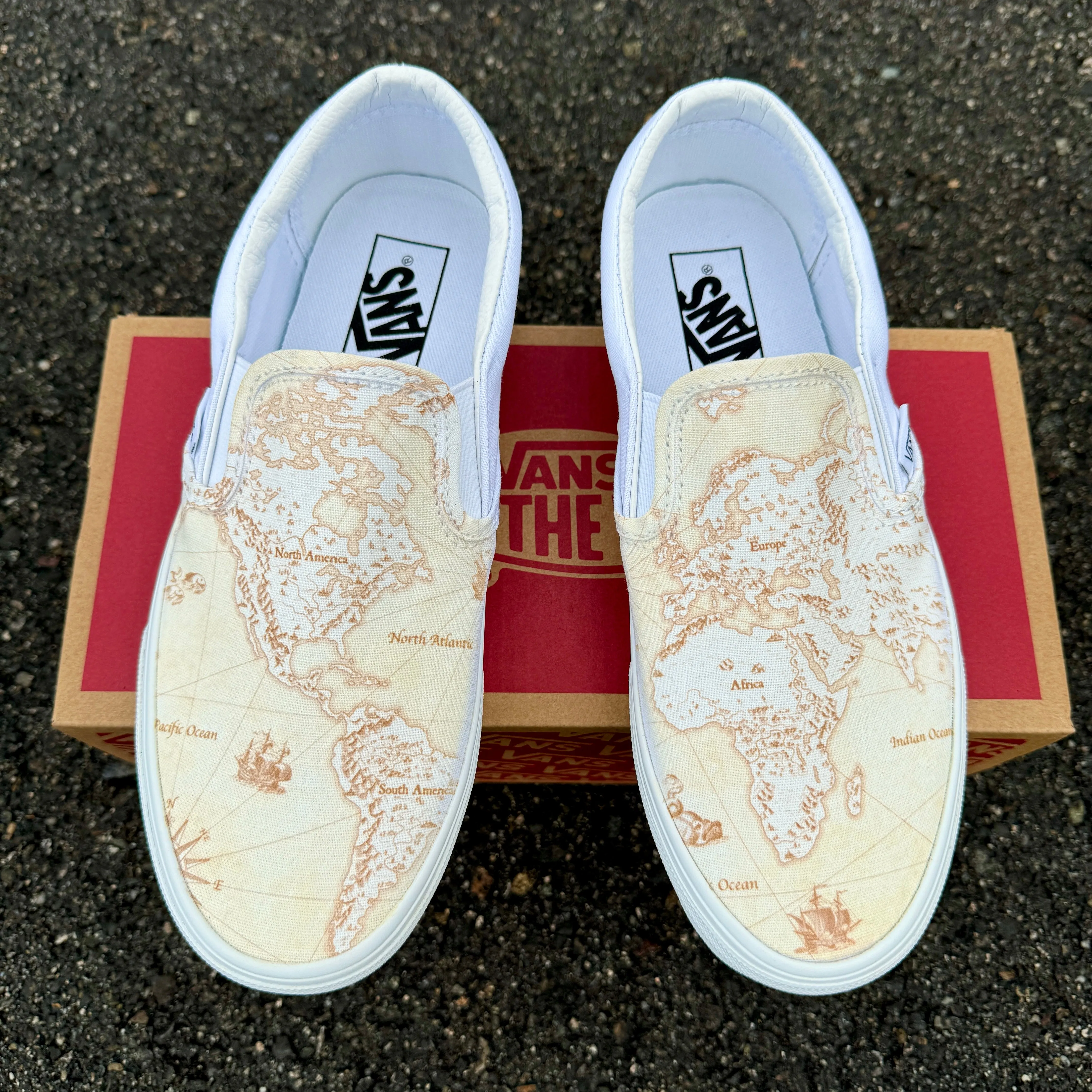 Old Vintage Classic Map Geography Globe Custom Vans On White