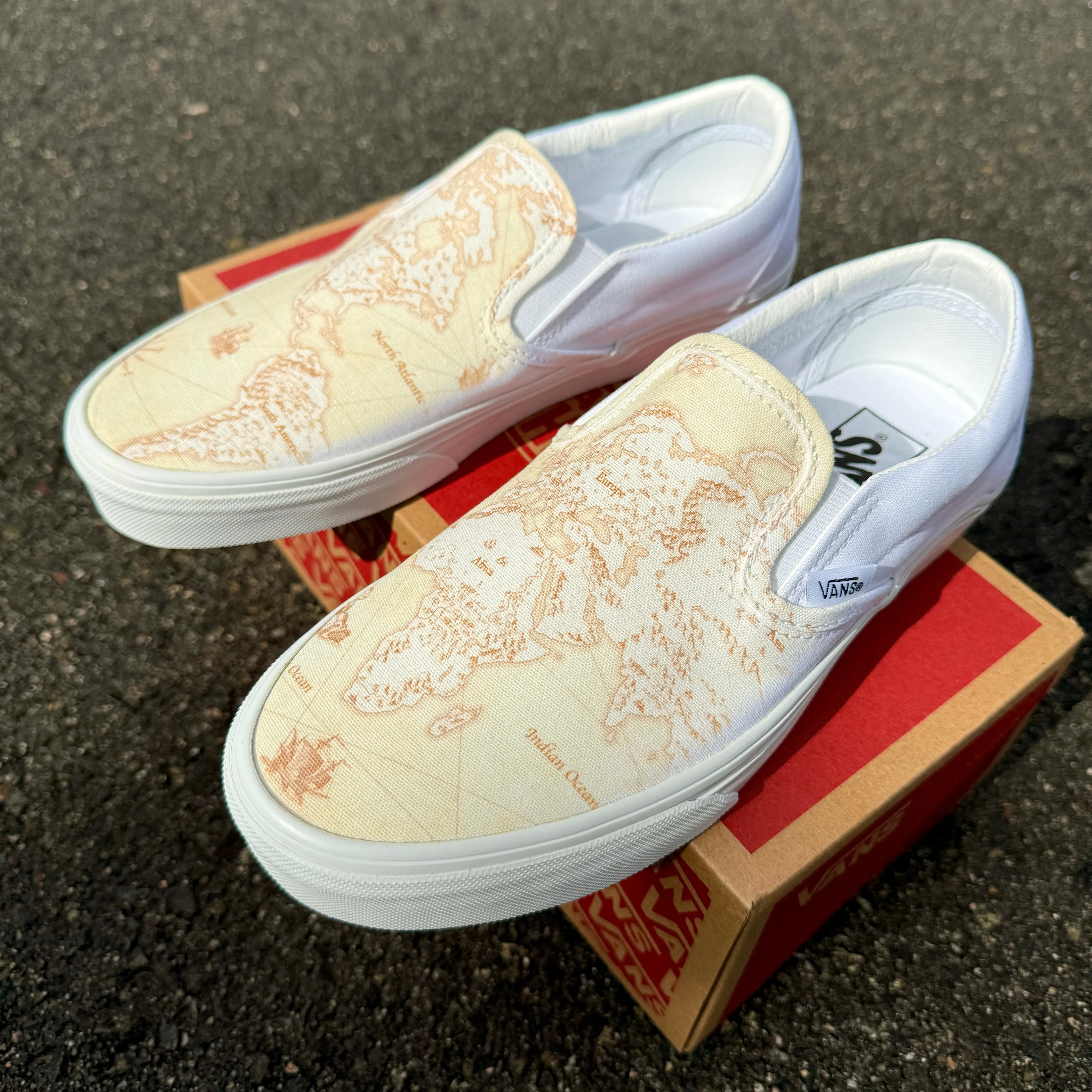 Old Vintage Classic Map Geography Globe Custom Vans On White