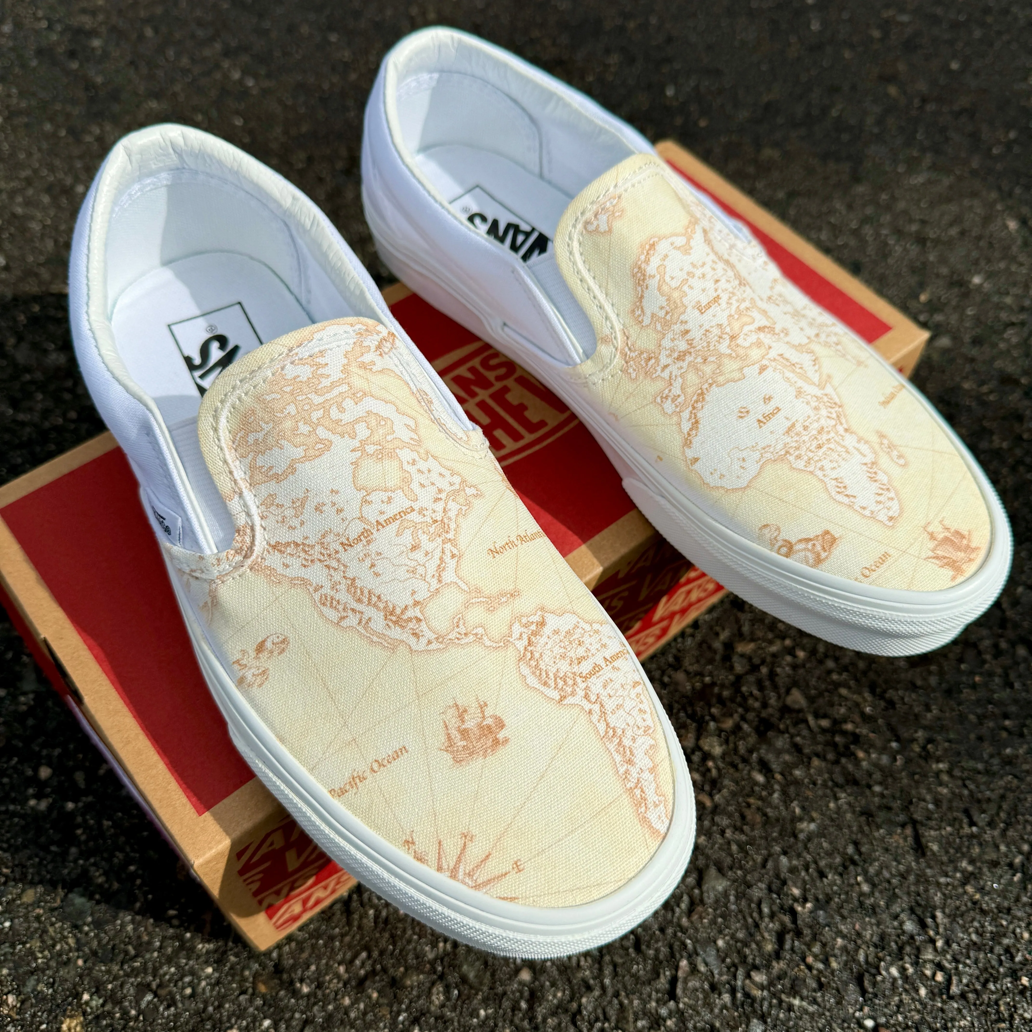 Old Vintage Classic Map Geography Globe Custom Vans On White