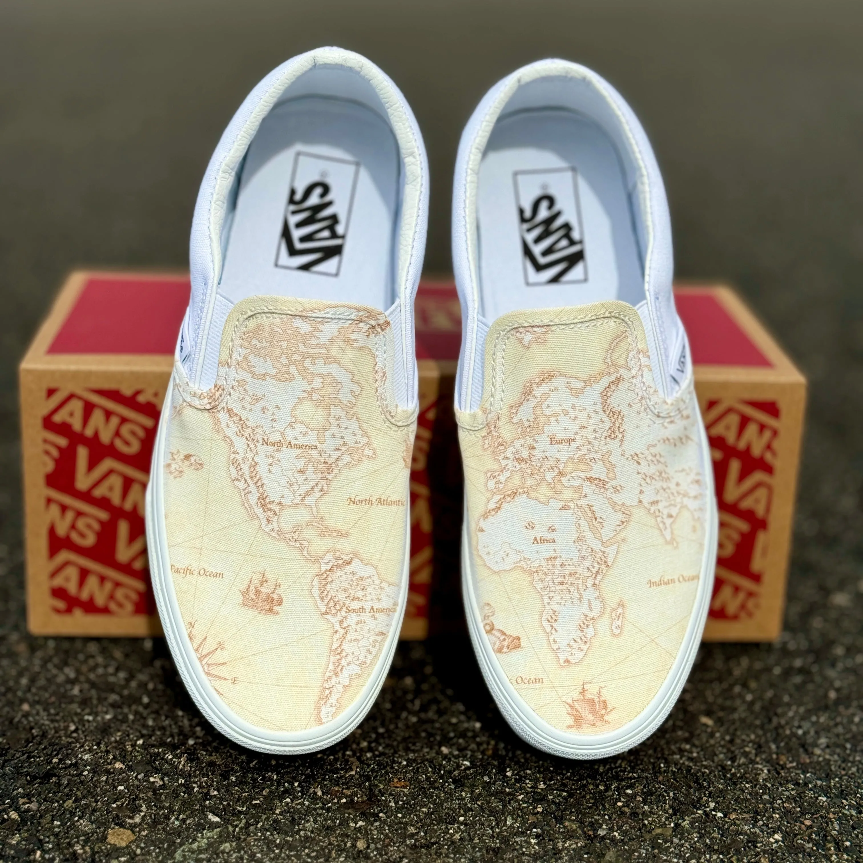 Old Vintage Classic Map Geography Globe Custom Vans On White