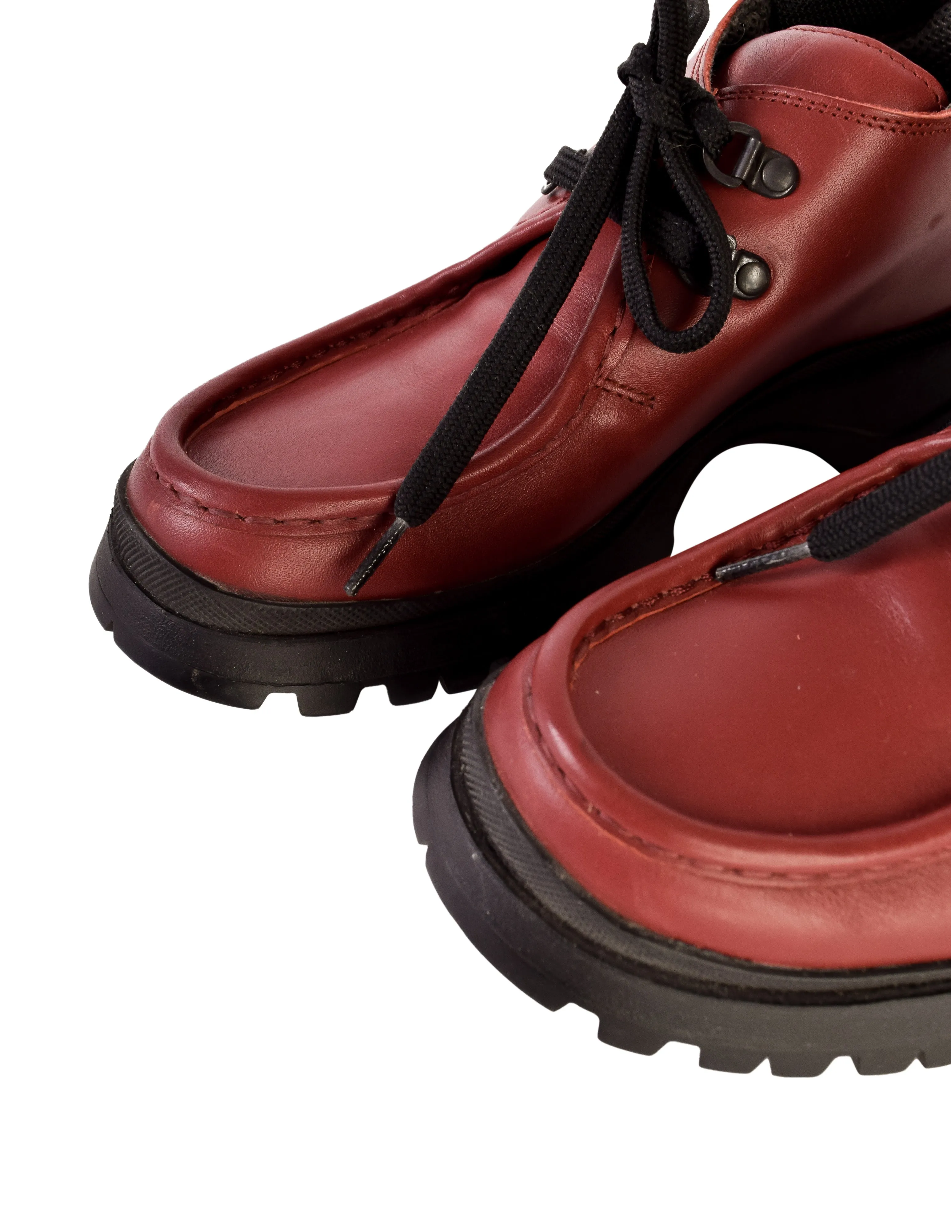 Prada Vintage 1990s Burgundy Red Leather Black Chunky Sole Shoes