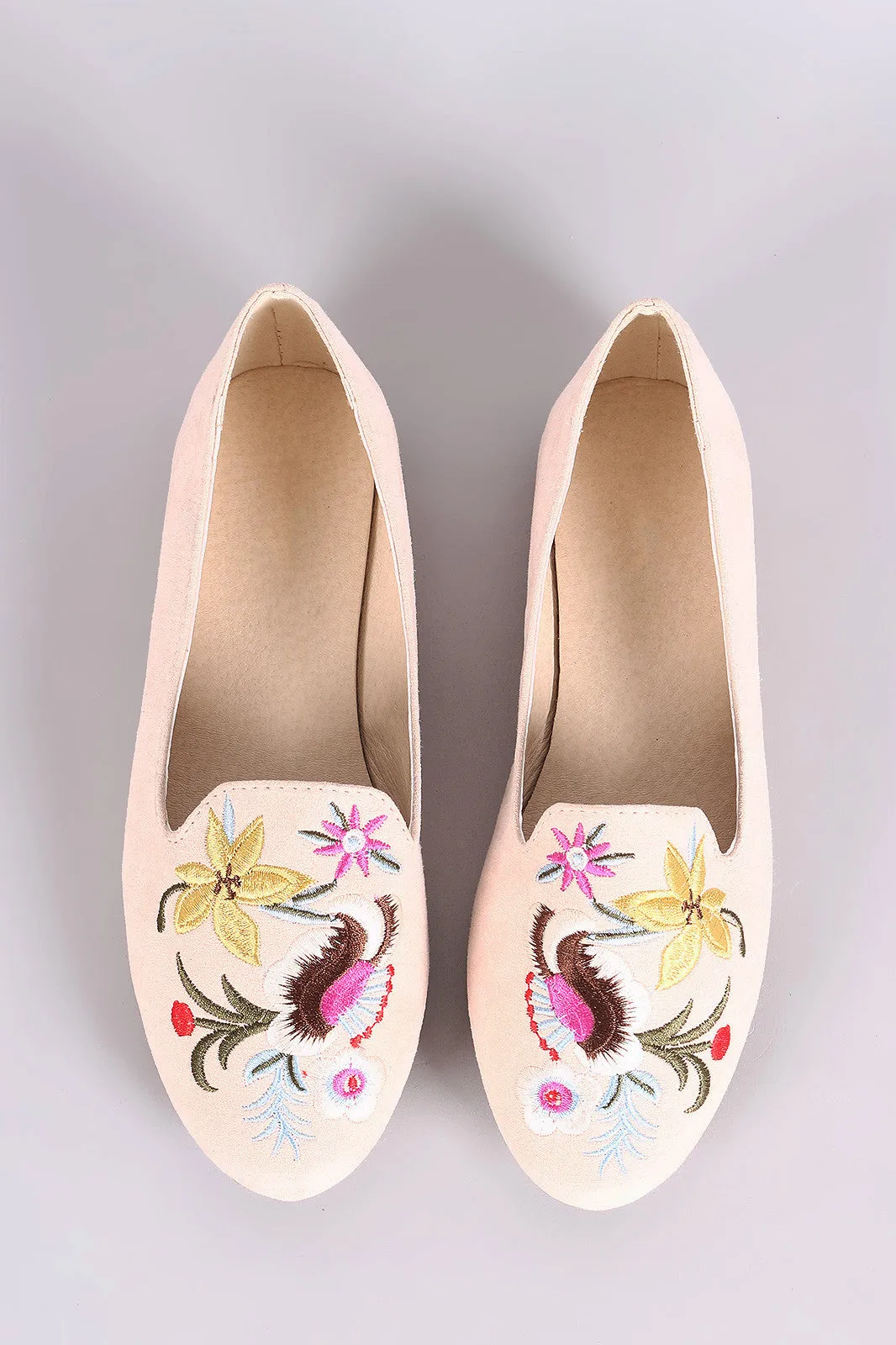 Qupid Embroidered Floral Suede Loafer Flat