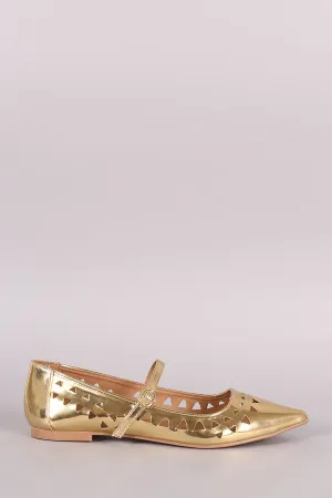 Qupid Laser Cutout Mirror Metallic Pointy Toe Mary Jane Flat