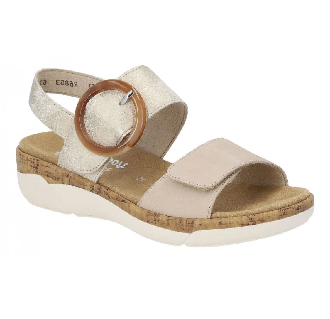 Remonte R6853-61 Columbo Beige And Soft Gold Metallic Leather Low Wedge Sandals