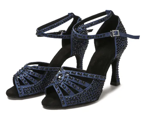 Salsa Shoes Womens Navy Blue Rhinestone Bachata Dance Shoes