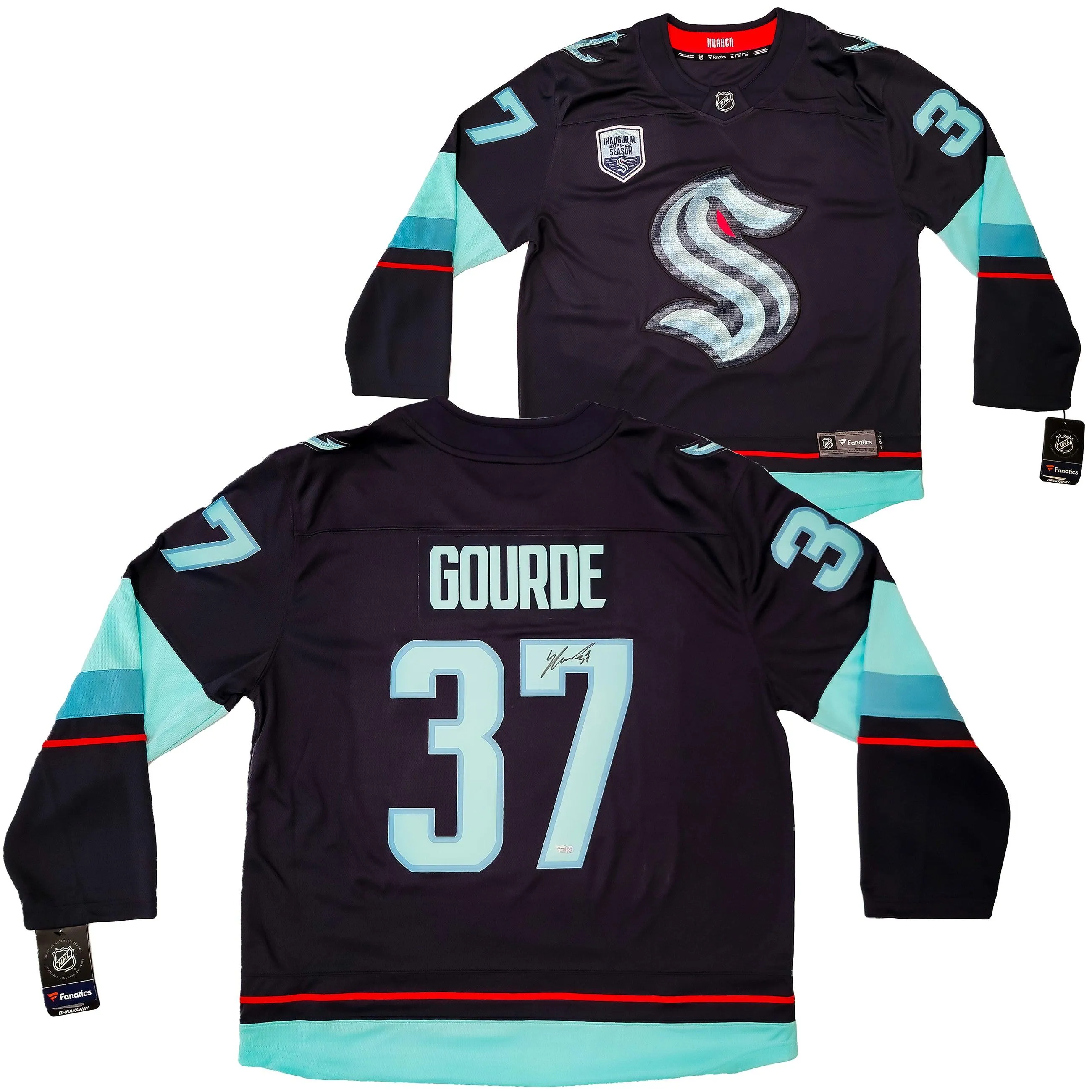 Seattle Kraken Yanni Gourde Autographed Blue Fanatics Jersey Size XL Inaugural Season Patch Fanatics Holo Stock #202430