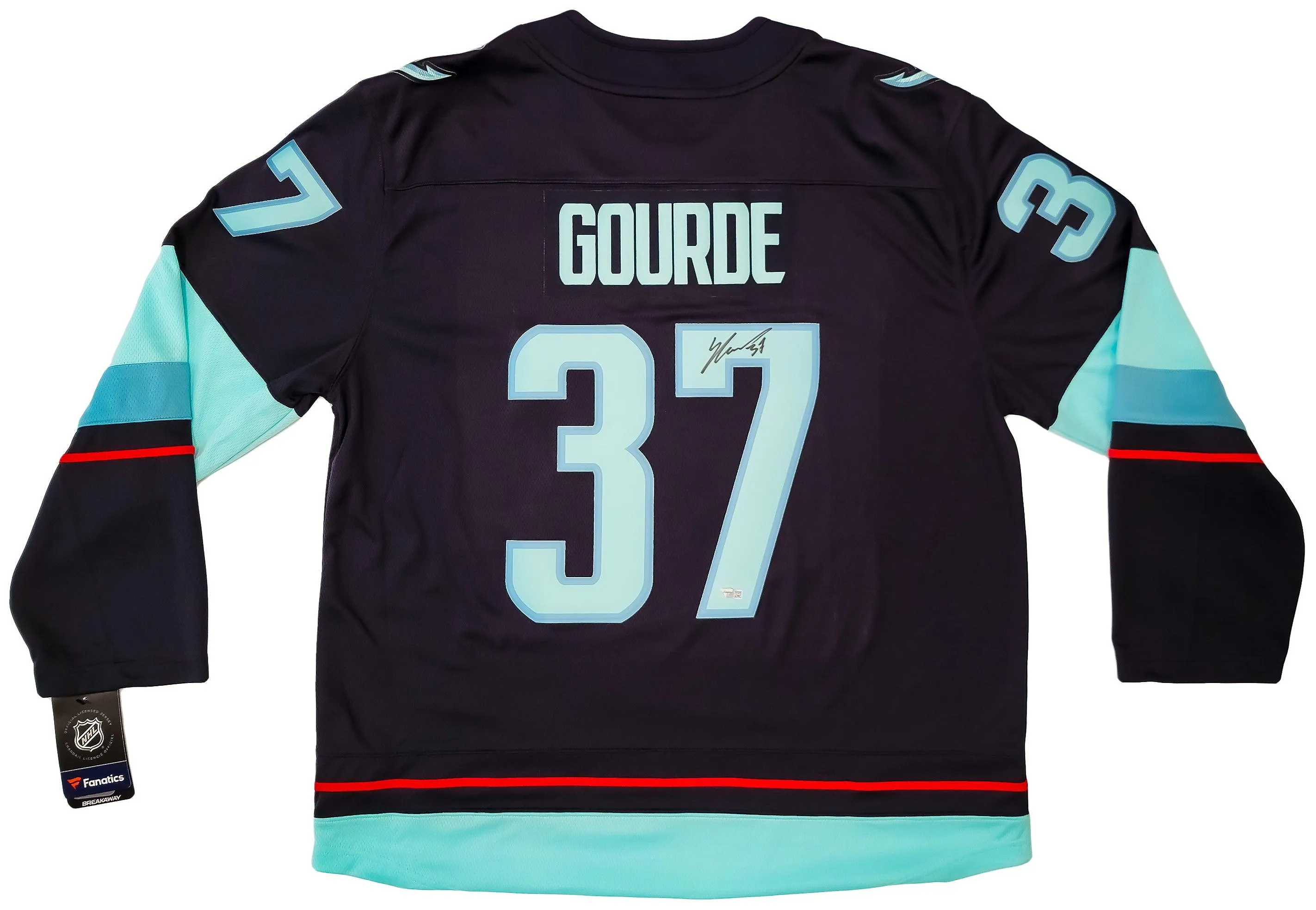 Seattle Kraken Yanni Gourde Autographed Blue Fanatics Jersey Size XL Inaugural Season Patch Fanatics Holo Stock #202430