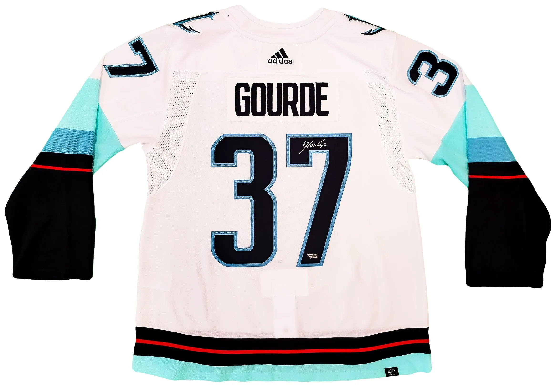 Seattle Kraken Yanni Gourde Autographed White Adidas Authentic Jersey Size 56 Inaugural Season Patch Fanatics Holo Stock #202429