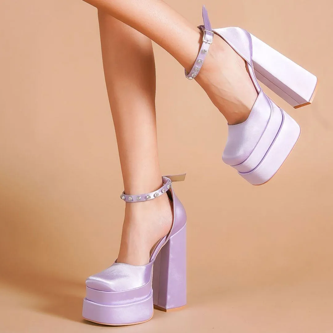 Shiny Crystal Satin Square Toe Chunky Platform Pumps - Purple