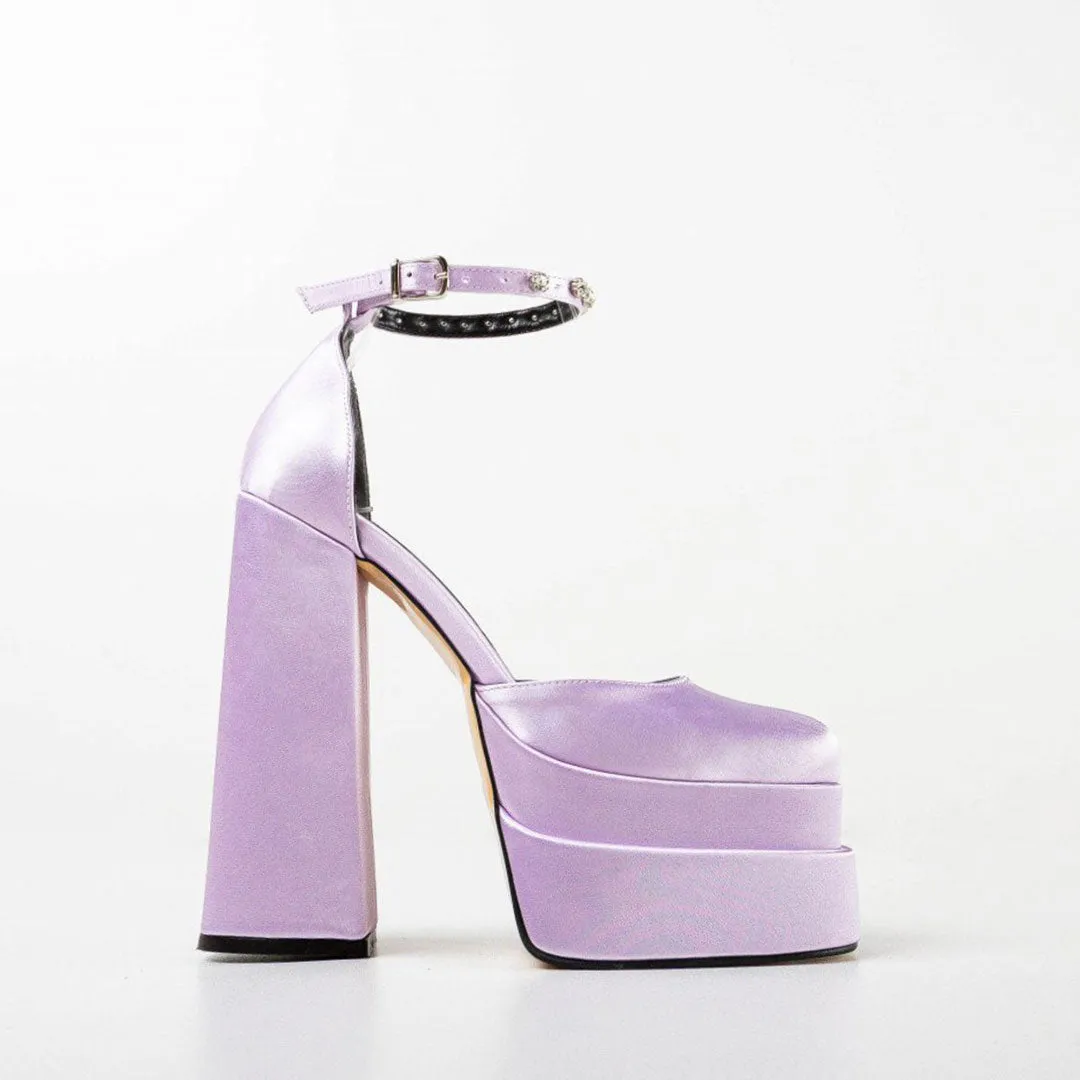 Shiny Crystal Satin Square Toe Chunky Platform Pumps - Purple