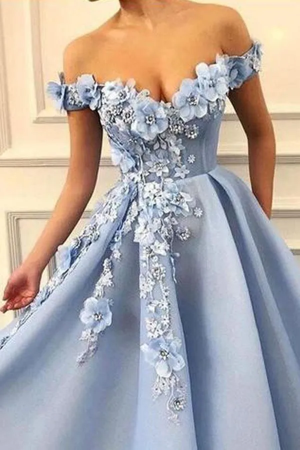 Sky Blue Off the Shoulder Flower Appliques Long Beautiful Prom Dress  PG845