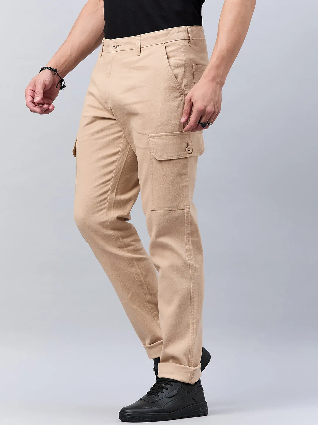 Style Quotient Men Beige Stretchable Cargo Trouser