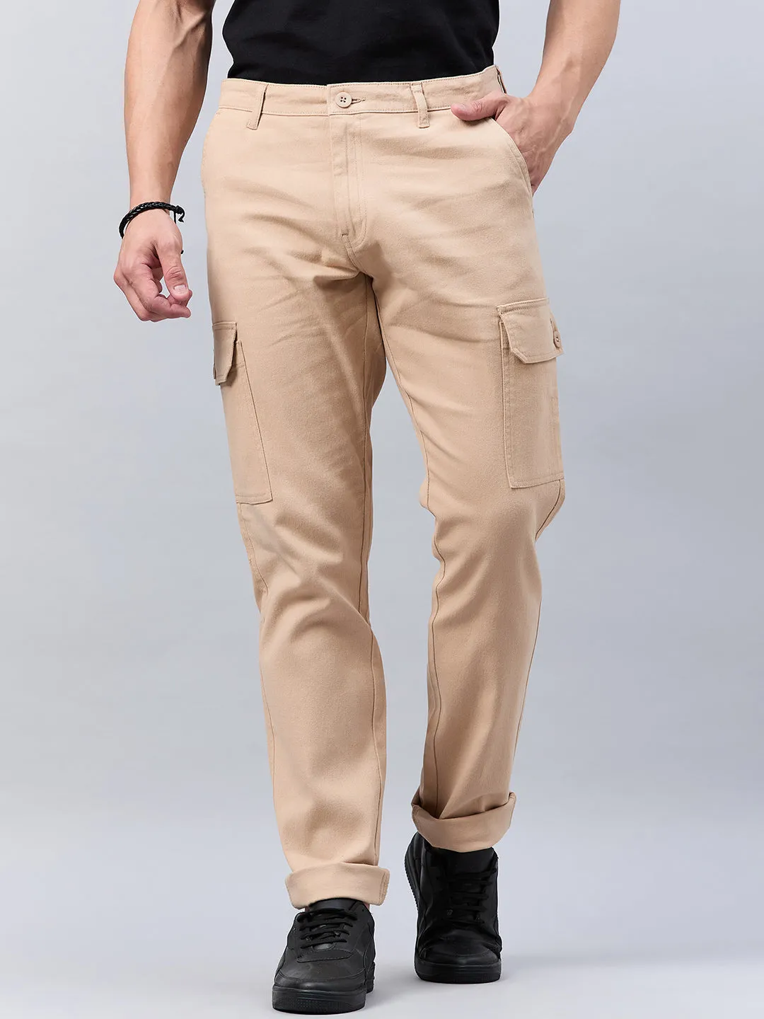 Style Quotient Men Beige Stretchable Cargo Trouser