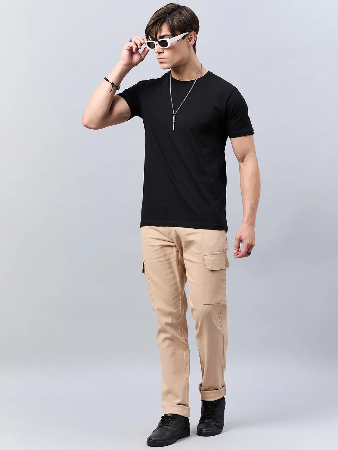 Style Quotient Men Beige Stretchable Cargo Trouser