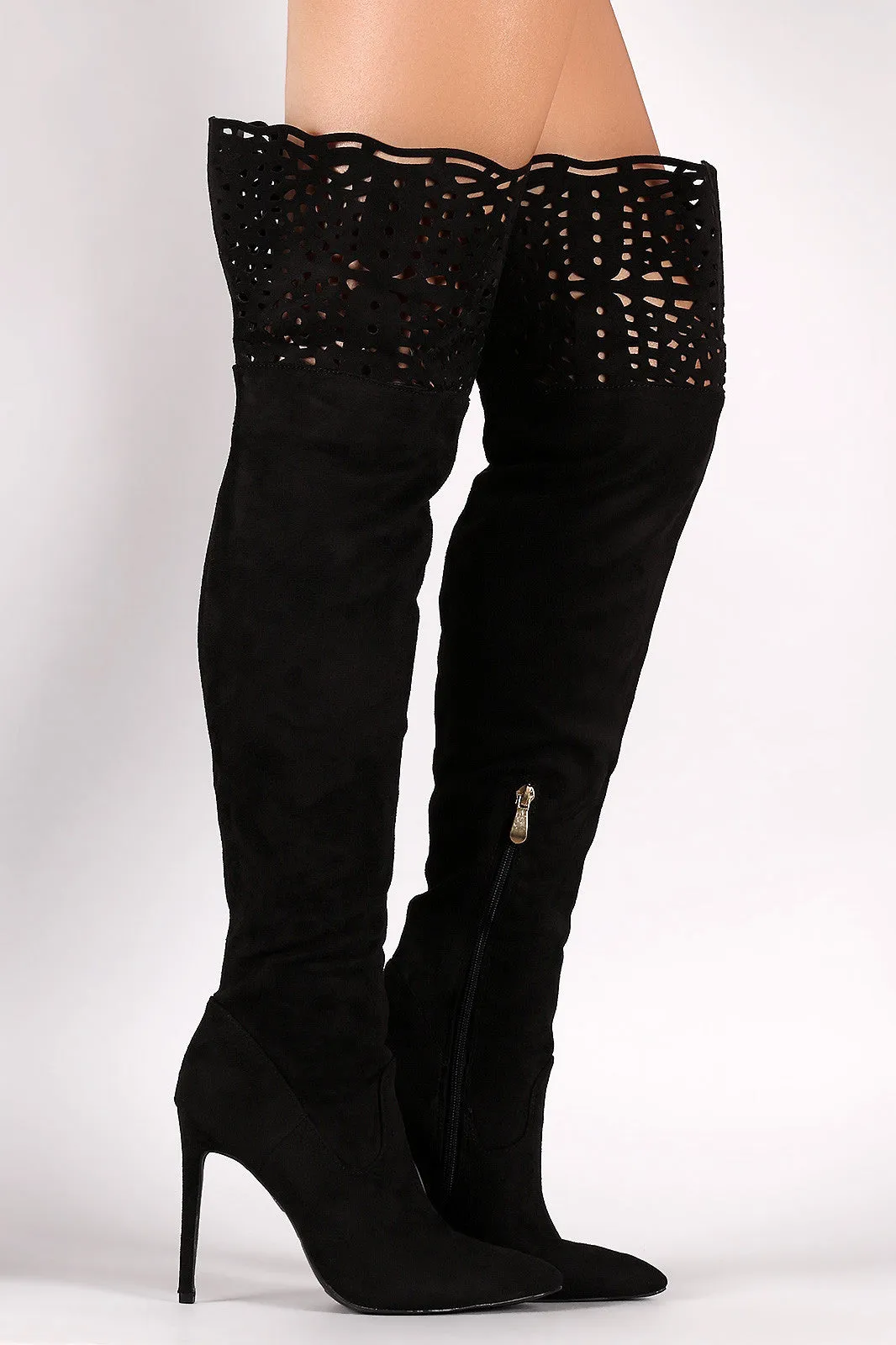 Suede Laser Cutout Over-The-Knee Stiletto Boots