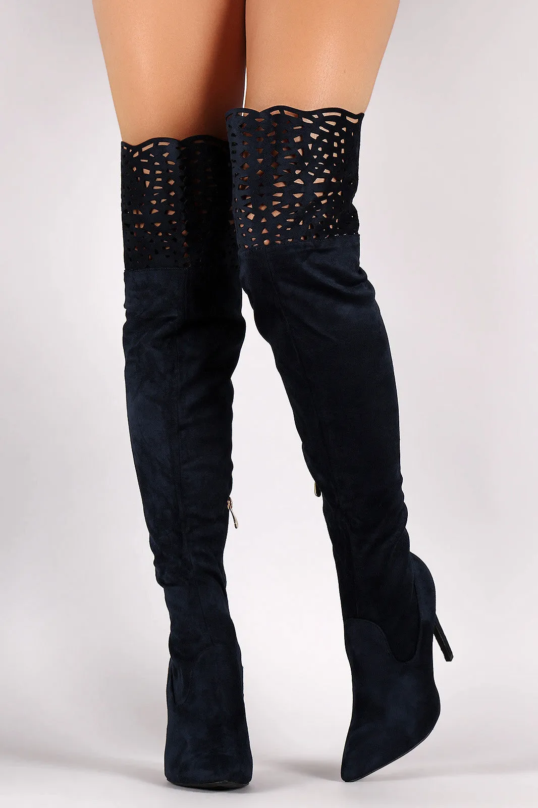 Suede Laser Cutout Over-The-Knee Stiletto Boots