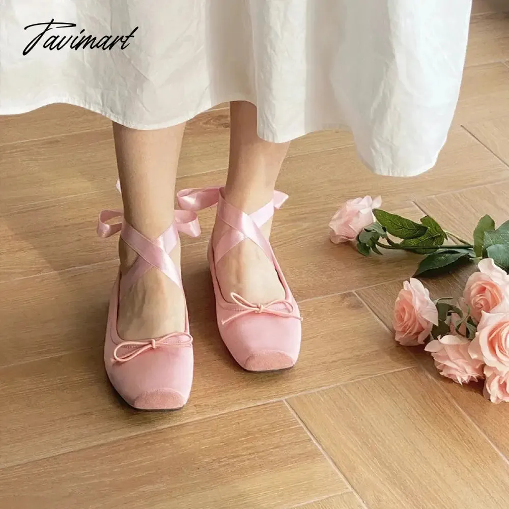 TAVIMART -  Fashion Classic Silk Ballet Shoes Lace up Ballet Shoes Women Square Toe Bowtie Women Flats Elegant Valentine Shoes