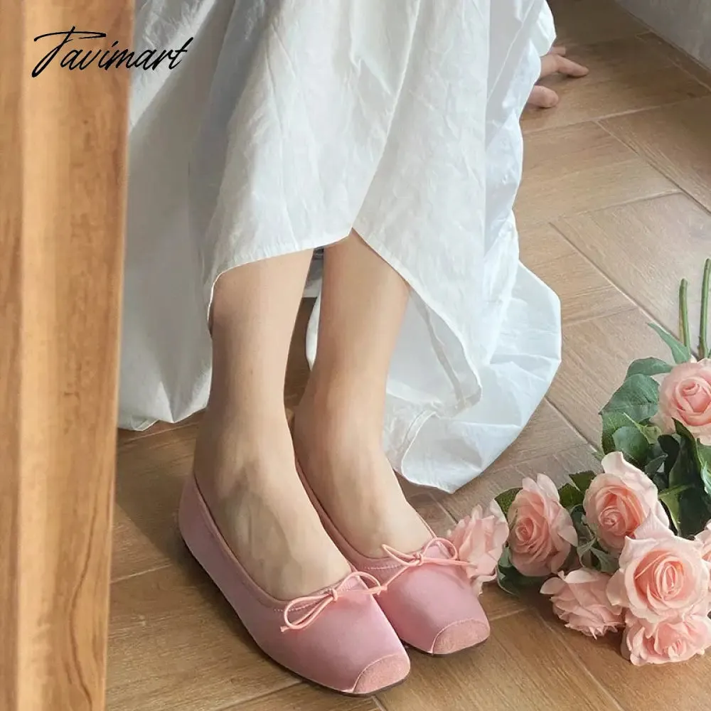 TAVIMART -  Fashion Classic Silk Ballet Shoes Lace up Ballet Shoes Women Square Toe Bowtie Women Flats Elegant Valentine Shoes