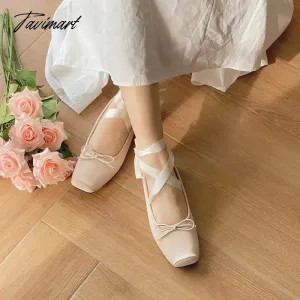 TAVIMART -  Fashion Classic Silk Ballet Shoes Lace up Ballet Shoes Women Square Toe Bowtie Women Flats Elegant Valentine Shoes