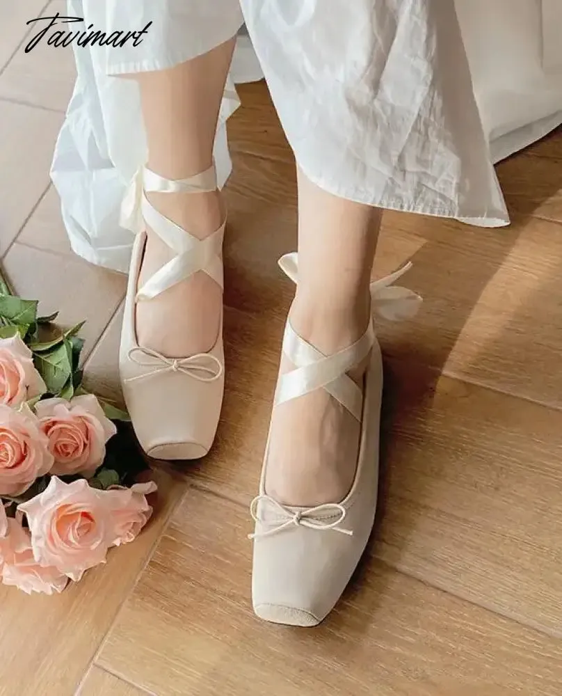 TAVIMART -  Fashion Classic Silk Ballet Shoes Lace up Ballet Shoes Women Square Toe Bowtie Women Flats Elegant Valentine Shoes