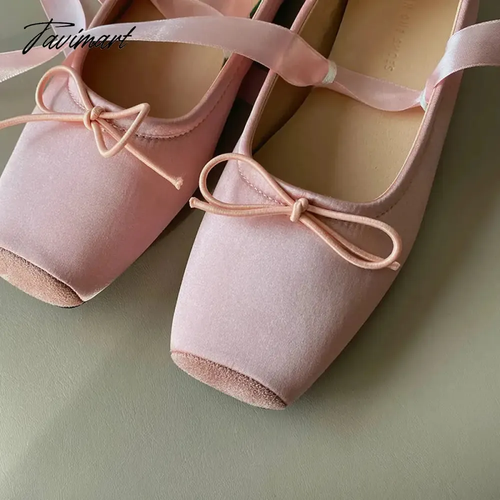 TAVIMART -  Fashion Classic Silk Ballet Shoes Lace up Ballet Shoes Women Square Toe Bowtie Women Flats Elegant Valentine Shoes