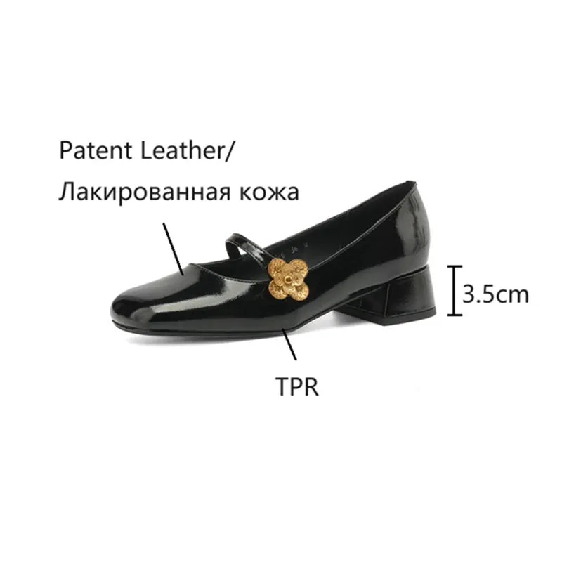 TAVIMART  -  NEW Spring Women Pumps Patent Leather Shoes for Women Square Toe Chunky Heel Shoes Metal Flower Mary Janes Plus Size Black Shoes