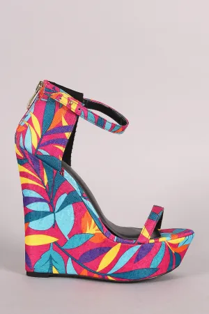 Tropical Leaves Print Open Toe Platform Wedge