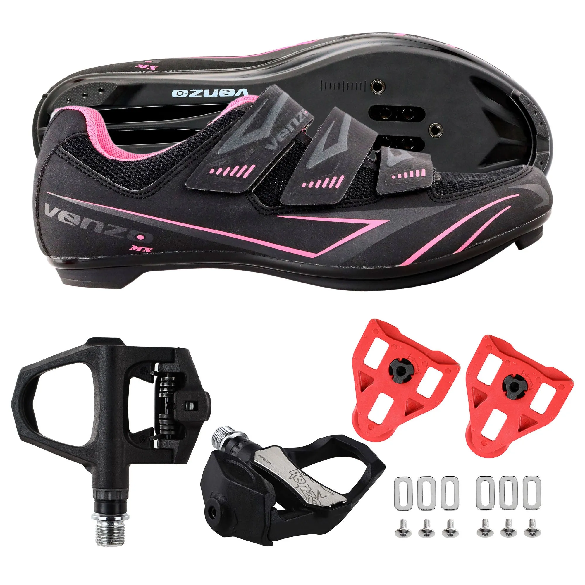 Venzo Bicycle Women's Road Cycling Riding Shoes with Bike Clipless Sealed Bearing Look Delta Compatible Pedals & 9 Degree Floating Cleats