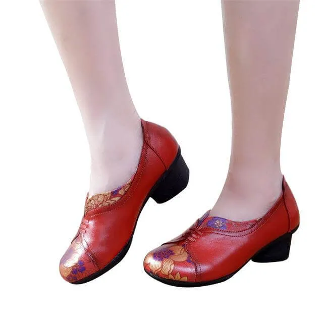 Vintage Soft Single Thick Heel Handmade Shoes