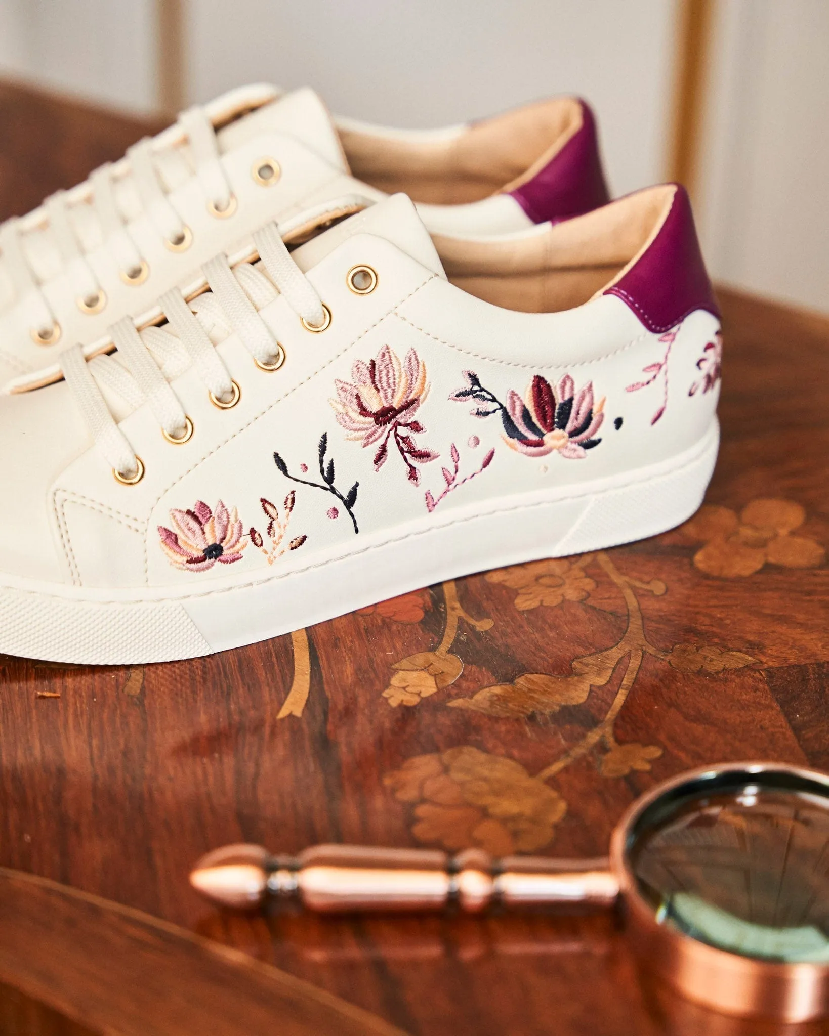 Virevolte Recycled Grain Leather Embroidered Vegan Sneakers | Peonies