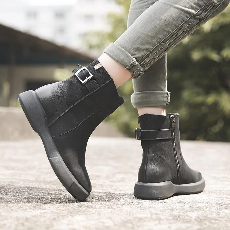 Waxing Leather Ankle Boots Back Buckle Decorate Black/Coffee