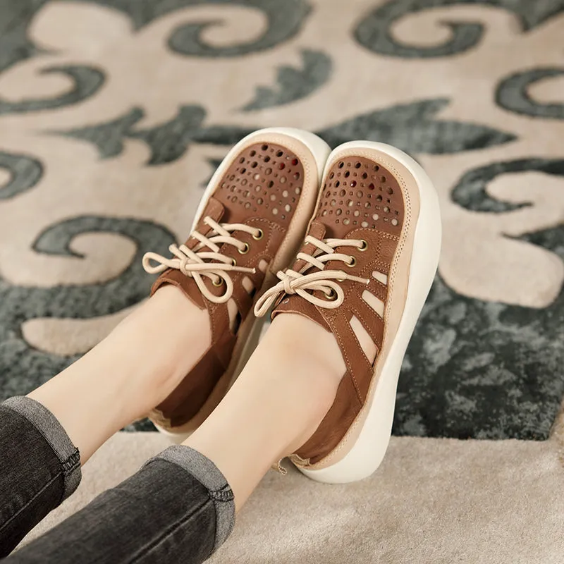 Women Handmade Leather Sneakers For Summer Brown/Coffee