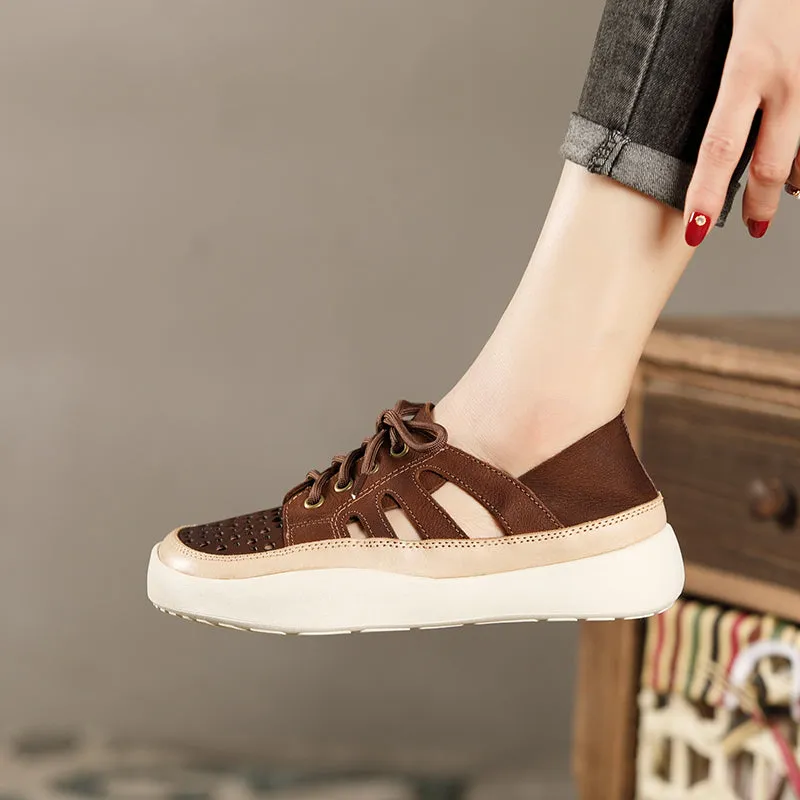 Women Handmade Leather Sneakers For Summer Brown/Coffee