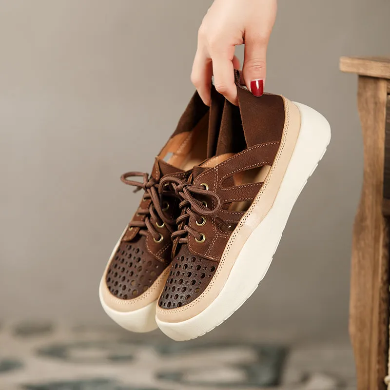 Women Handmade Leather Sneakers For Summer Brown/Coffee