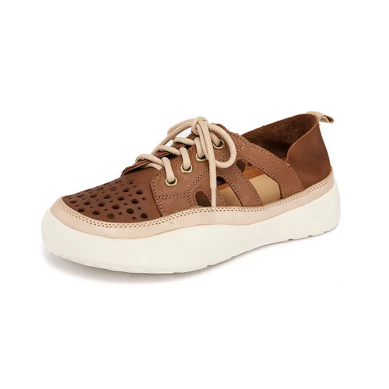 Women Handmade Leather Sneakers For Summer Brown/Coffee